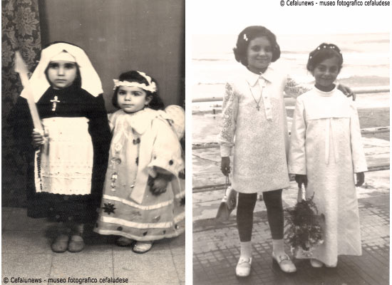 Foto sx: le mipotine di Giuseppe: Angela e Rosalba Li Pira vestite per andare alla processione del Venerdì santo. Foto a dx : Comunione della nipotina Li Pira 