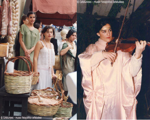 A sinistra: 1994, Maria Elisa in una scena del film di Marco Bellocchio "Mario ed il mago" di Klaus Maria Brandauer girato a Cefalù. A destra: Maria Elisa nelle vesti di angelo
