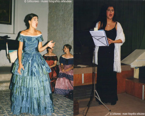 A sinistra: Maria Elisa nelle vesti di cantante lirica. A destra: Maria Elisa si esibisce cantando