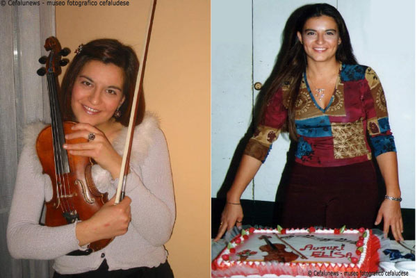 A sinistra: Maria Elisa abbraccia il suo amato violino. A destra: Maria Elisa posa per uno dei suoi compleanni.
