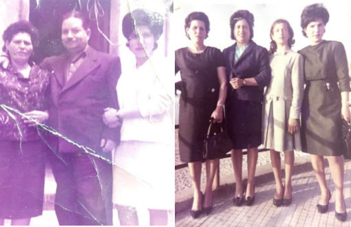 foto a sx 1960 Marietta con il marito Peppe Serio e la figlia Rosa; fopto a dx Marietta con le figlie, da sx Marietta , Concetta, Filomena e Rosa 