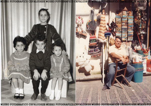 Foto a dx: Castè davanti il suo negozio di Corso Ruggero ; Foto a sx i figli di Castè in posa dal fotografo : seduti: carmela, Pinuzzu, Pina , in piedi Antonia