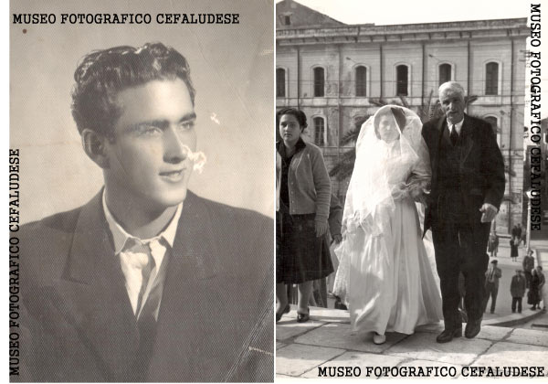 1955-Matrimonio di Vincenzo e Angela. L'arrivo dello sposa in Cattedrale con papà Giuseppe - a sinistra un ritratto di Vincenzo Fertitta