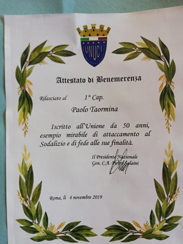 Attestato Di Benemerenza Al Primo Capitano Dei Carabinieri In Congedo ...