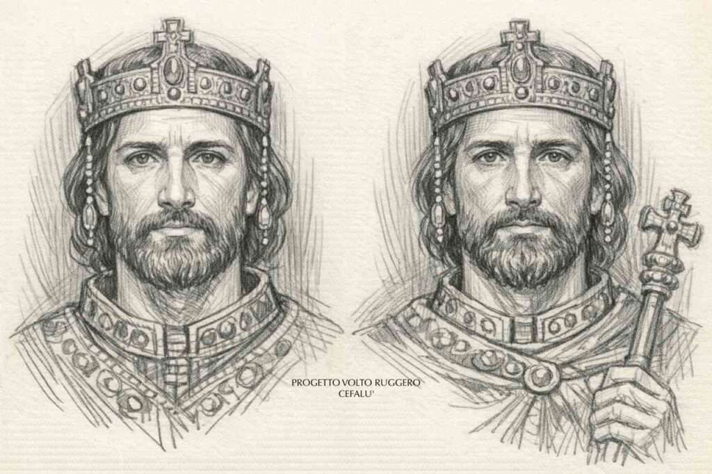 Doppio studio frontale a matita con corona e collare regale. Analisi della simmetria e dell’impianto iconico.